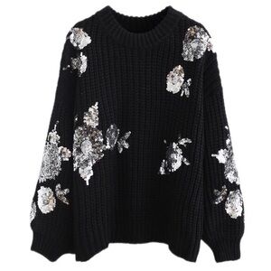Chicwish Black Silver Sequin Floral Long Sleeve Chunky Knit Ribbed Sweater Top